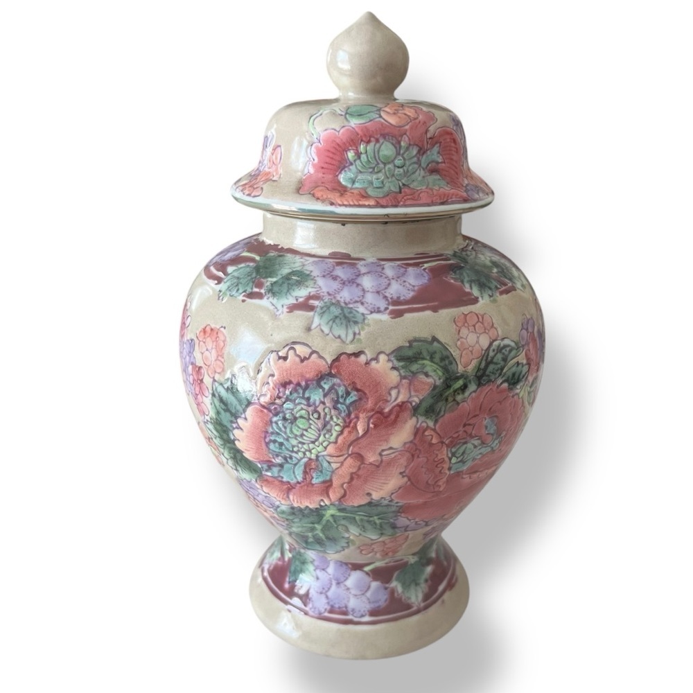 Vintage Floral Vase with Pink and Green Accents